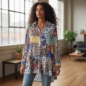 Tunic Boho Blouse Elephants Patchwork Flounce Hem